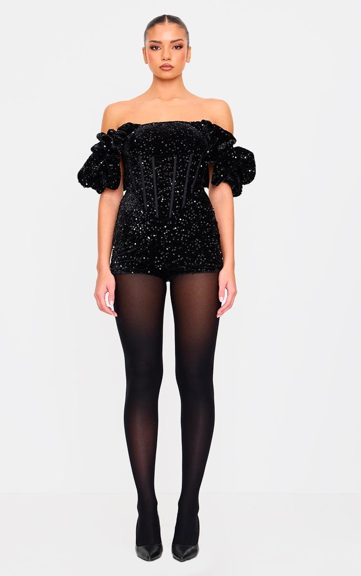 Pretty Little Thing Black Velvet Sequin Puff Sleeve Romper