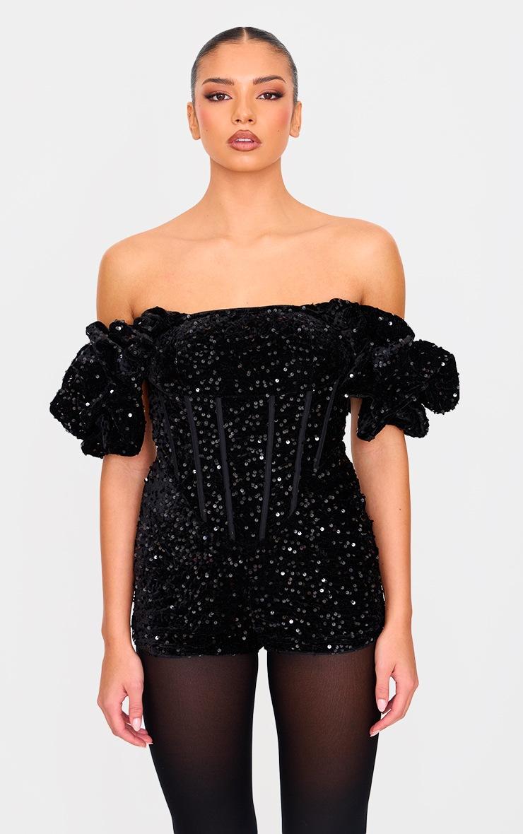 Pretty Little Thing Black Velvet Sequin Puff Sleeve Romper