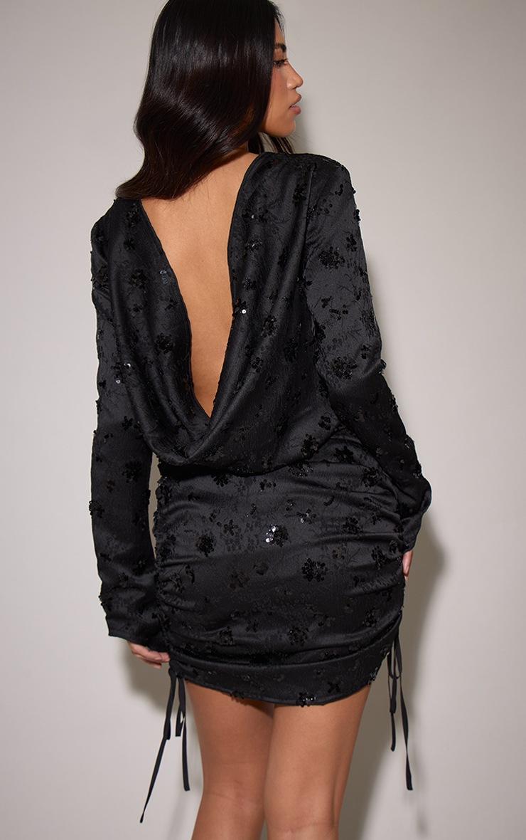 Pretty Little Thing Black Velvet Sequin Ruched Cowl Back Bodycon Dress