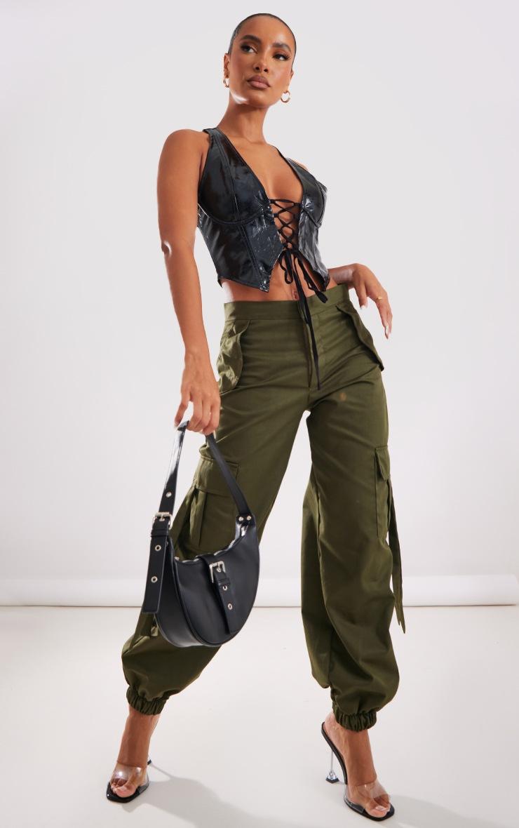 Pretty Little Thing Black Washed Faux Leather Lace Up Plunge Halterneck Top