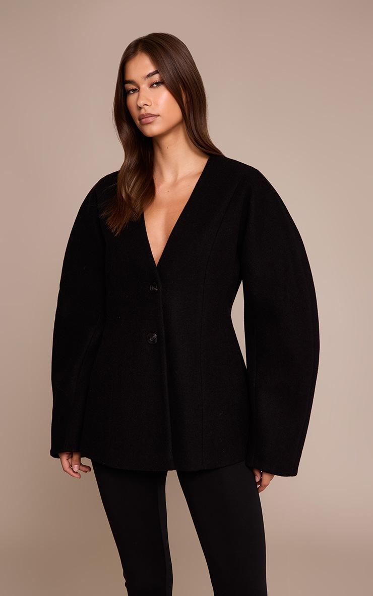 Pretty Little Thing Black Wool Look Collarless Cocoon Sleeve Blazer