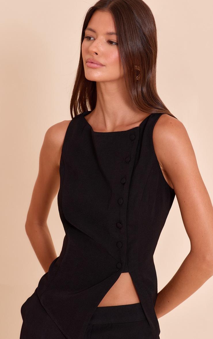 Pretty Little Thing Black Woven Asymmetric Button Detail Vest
