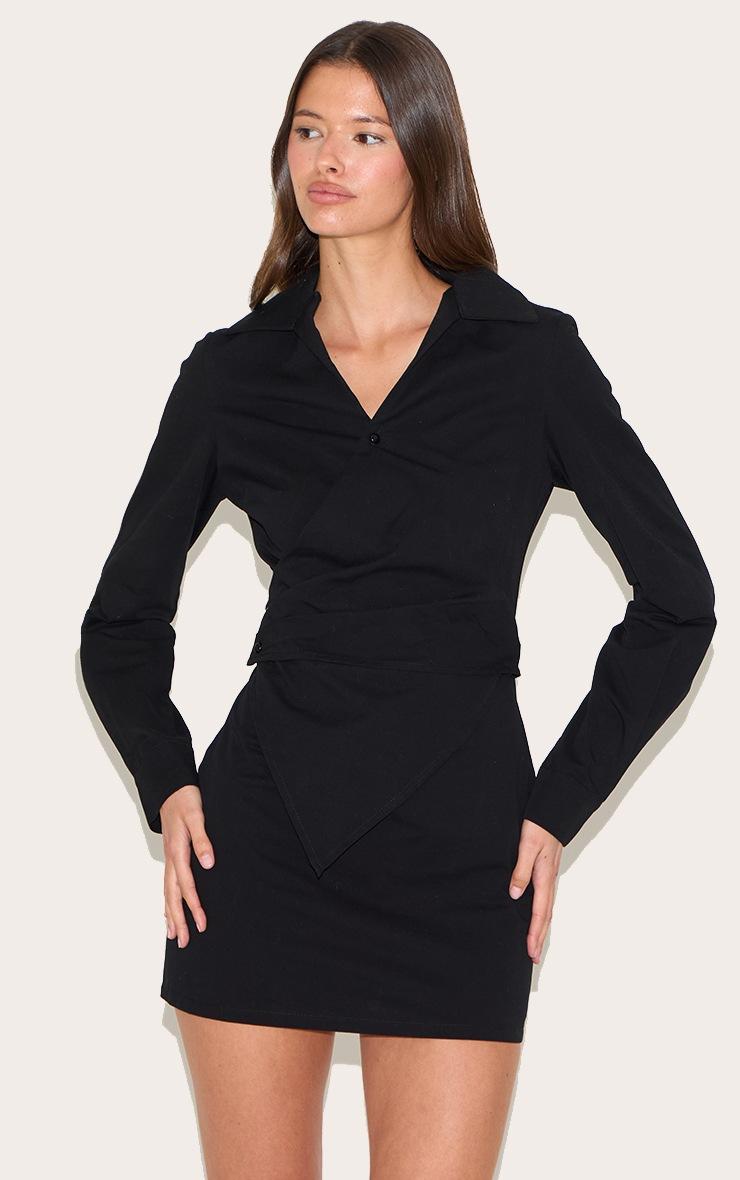 Pretty Little Thing Black Woven Asymmetric Pearl Detail Shirt Dress