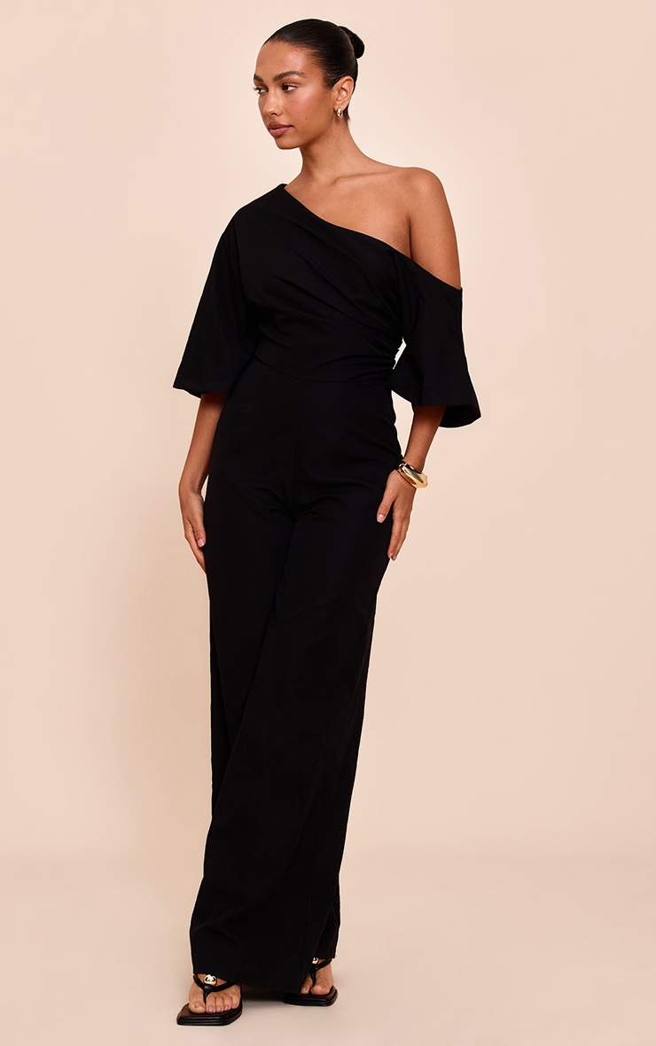 Pretty Little Thing Black Woven Asymmetric Short Sleeve Wide Leg Jumpsuit