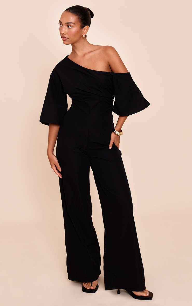 Pretty Little Thing Black Woven Asymmetric Short Sleeve Wide Leg Jumpsuit