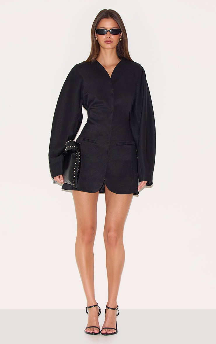 Pretty Little Thing Black Woven Balloon Sleeve Collarless Blazer Dress