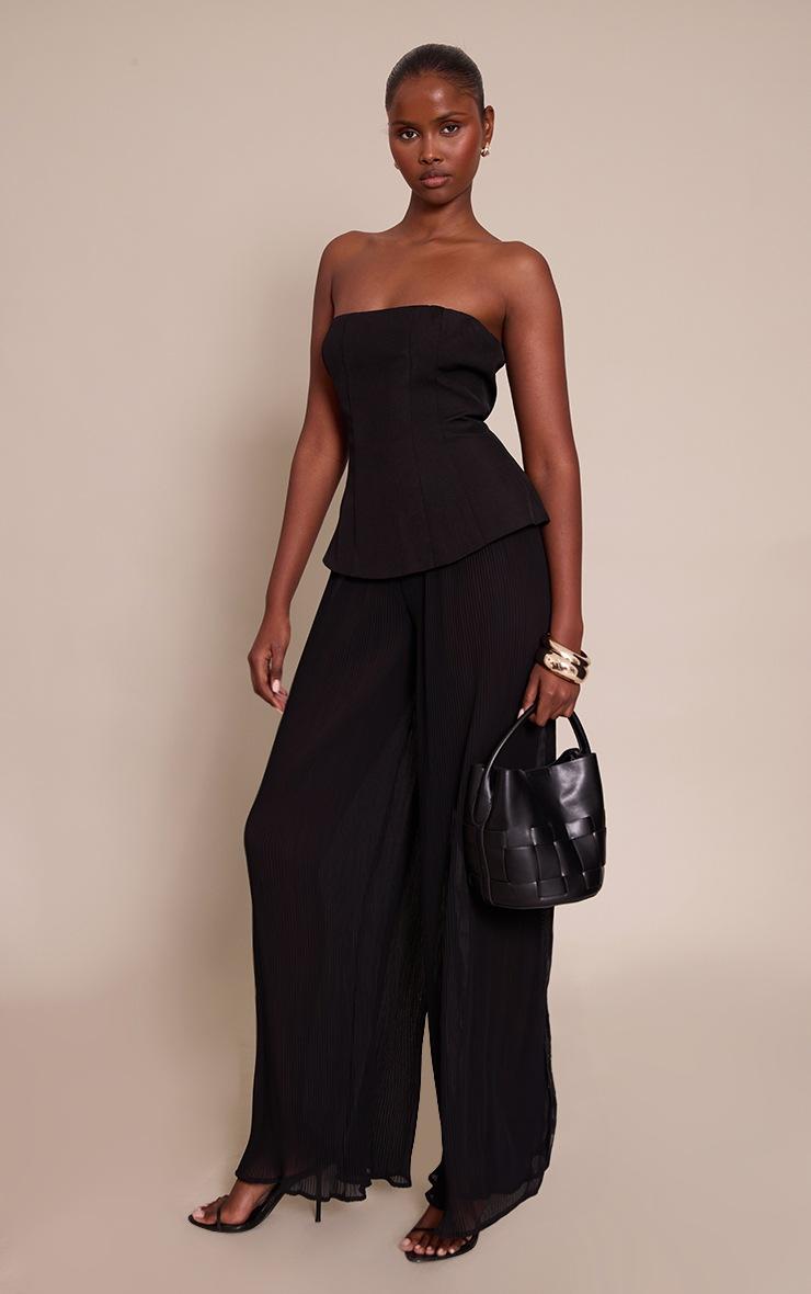 Pretty Little Thing Black Woven Bandeau Plisse Leg Jumpsuit