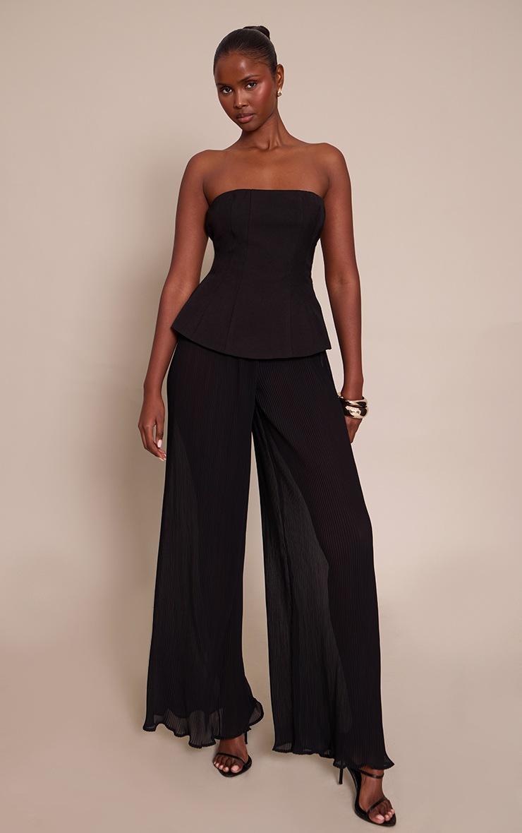 Pretty Little Thing Black Woven Bandeau Plisse Leg Jumpsuit