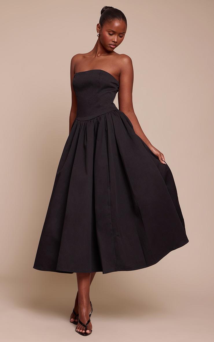 Pretty Little Thing Black Woven Bandeau Ruched Skater Midaxi Dress