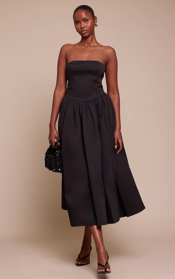 Pretty Little Thing Black Woven Bandeau Ruched Skater Midaxi Dress