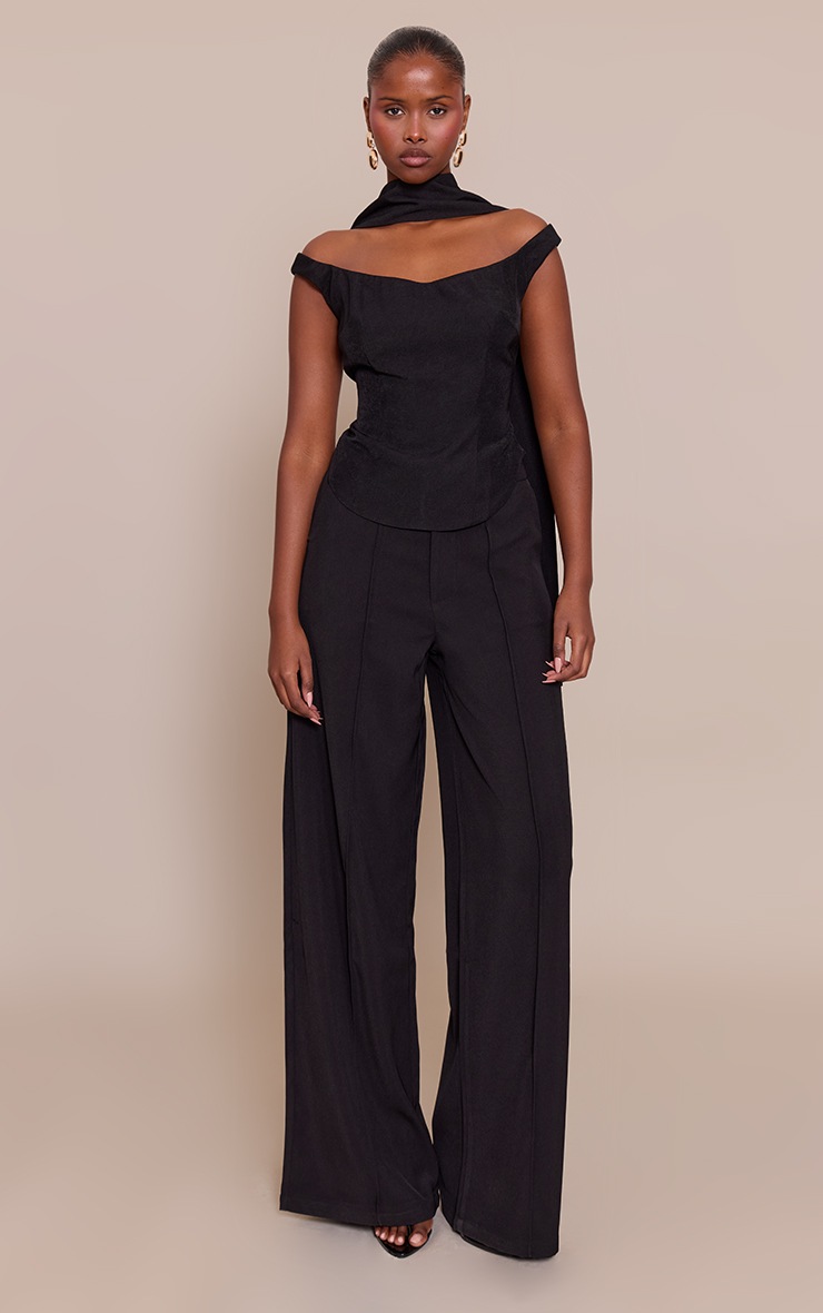 Pretty Little Thing Black Woven Bardot Scarf Neck Curved Hem Top