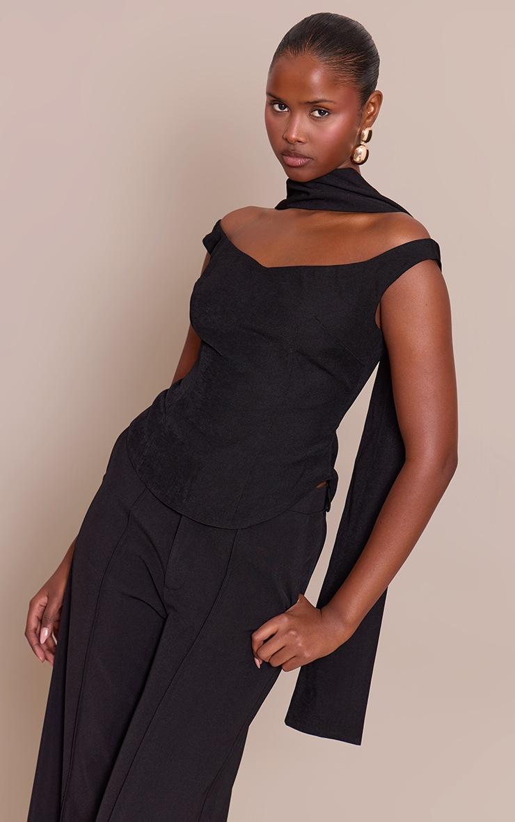 Pretty Little Thing Black Woven Bardot Scarf Neck Curved Hem Top