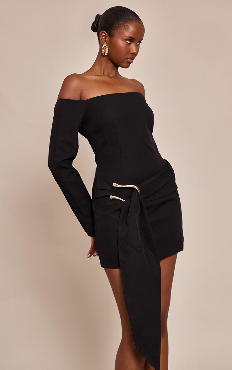 Pretty Little Thing Black Woven Belt Detail Long Sleeve Mini Dress