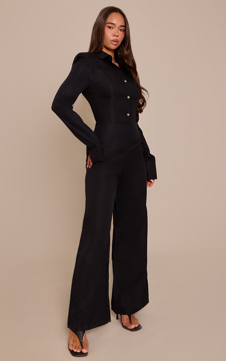 Pretty Little Thing Black Woven Button Detail Long Sleeve Jumpsuit