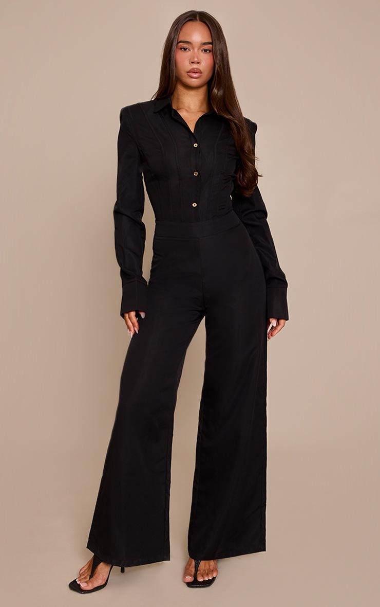 Pretty Little Thing Black Woven Button Detail Long Sleeve Jumpsuit