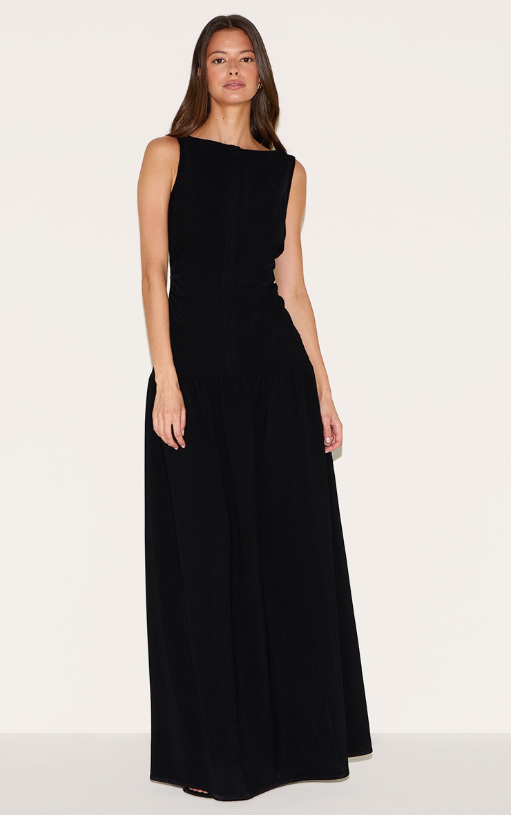 Pretty Little Thing Black Woven Button Dropped Waist Maxi Dress