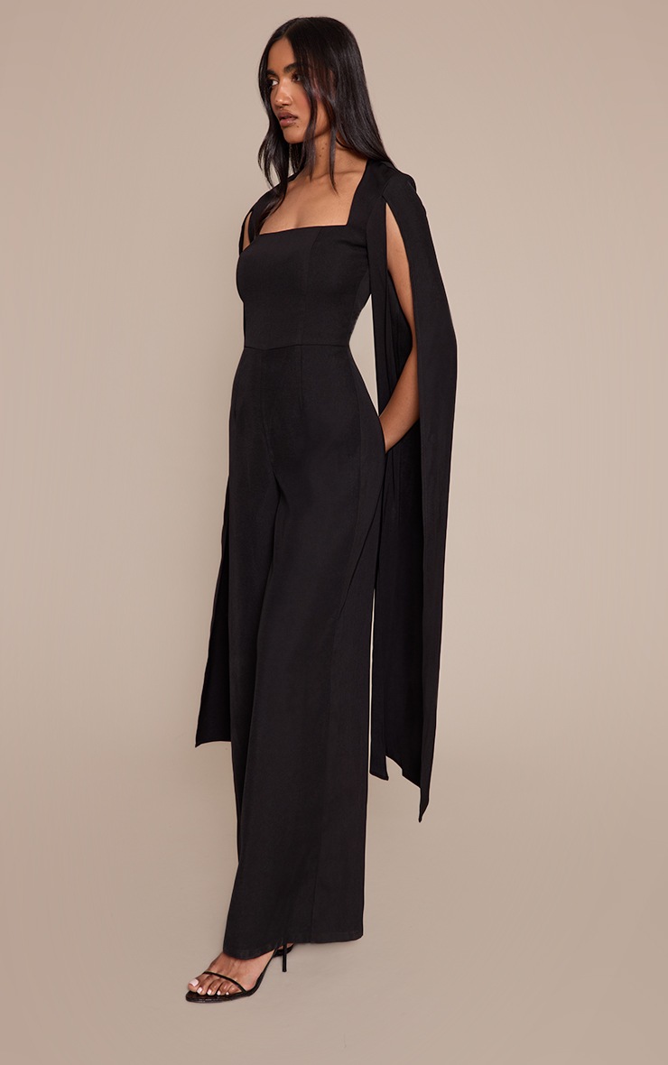 Pretty Little Thing Black Woven Cape Sleeve Wide Leg Jumpsuit