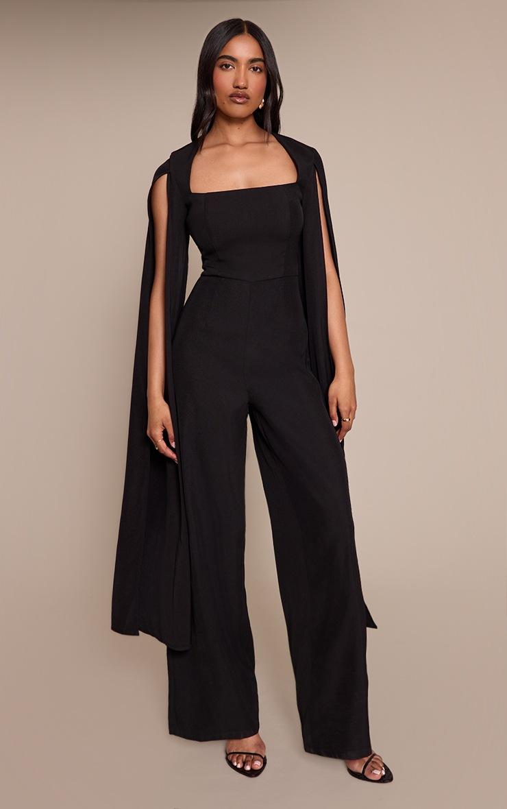 Pretty Little Thing Black Woven Cape Sleeve Wide Leg Jumpsuit