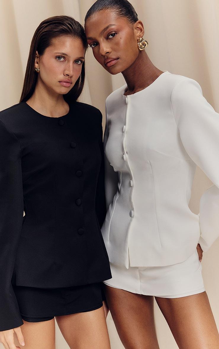 Pretty Little Thing Black Woven Cinched Waist Cocoon Sleeve Button Up Blazer