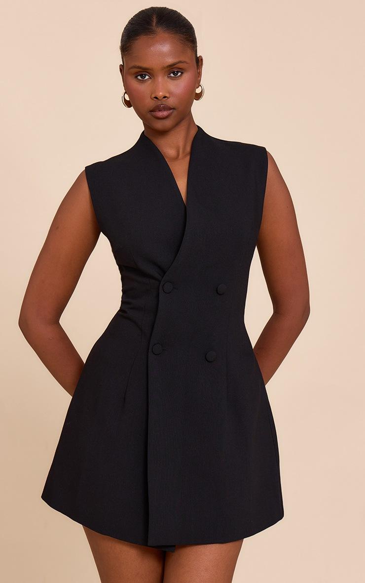 Pretty Little Thing Black Woven Collarless Button Mini Dress