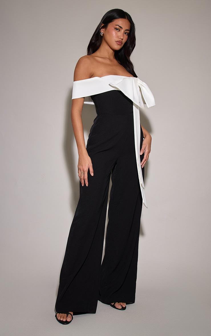 Pretty Little Thing Black Woven Contrast Bow Wide Leg Jumpsuit
