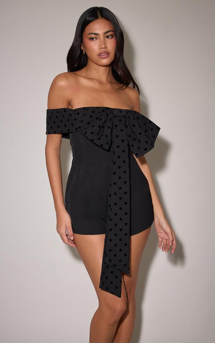 Pretty Little Thing Black Woven Contrast Velvet Bow Romper