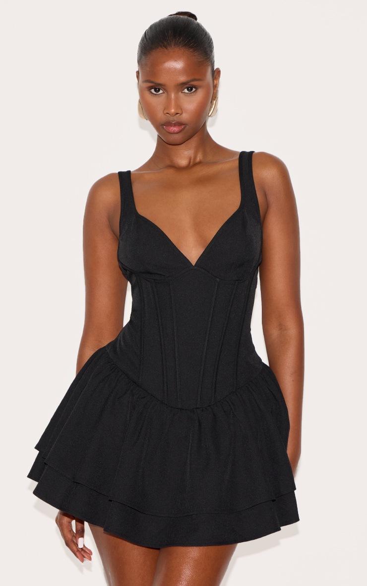 Pretty Little Thing Black Woven Corset Detail Skater Skort Romper