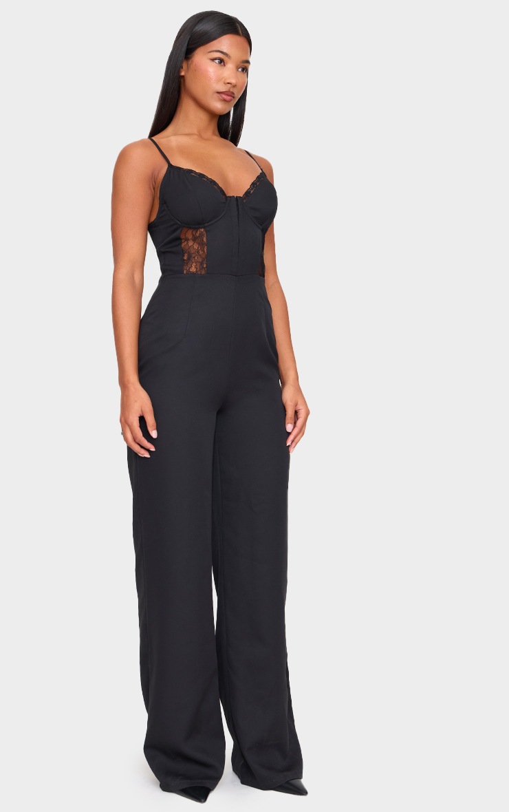 Pretty Little Thing Black Woven Corset Lace Panel Strappy Jumpsuit