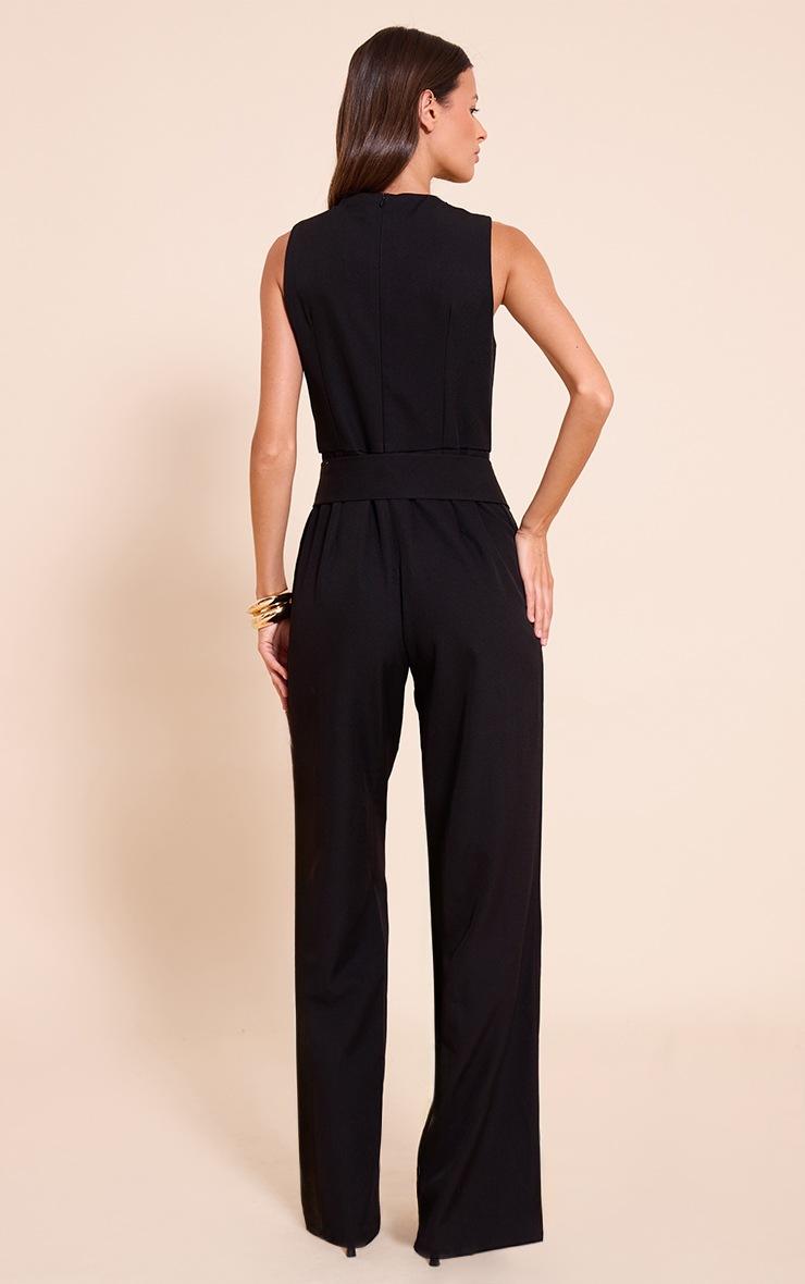 Pretty Little Thing Black Woven Crew Neck Belt Wide Leg Jumpsuit