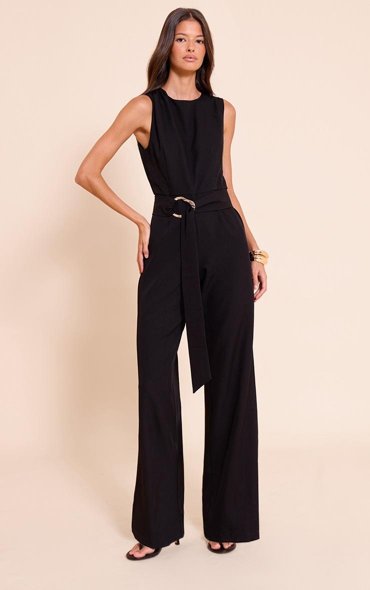 Pretty Little Thing Black Woven Crew Neck Belt Wide Leg Jumpsuit