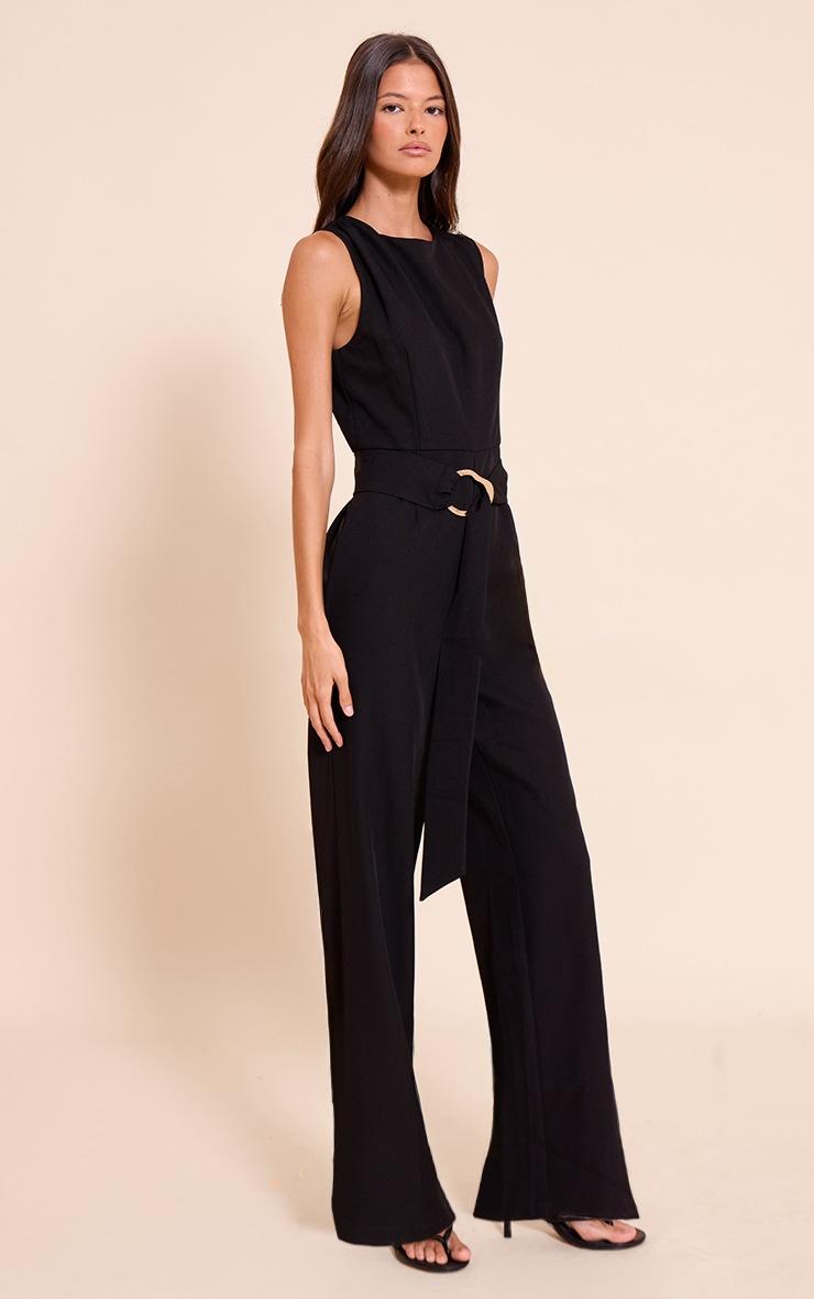 Pretty Little Thing Black Woven Crew Neck Belt Wide Leg Jumpsuit