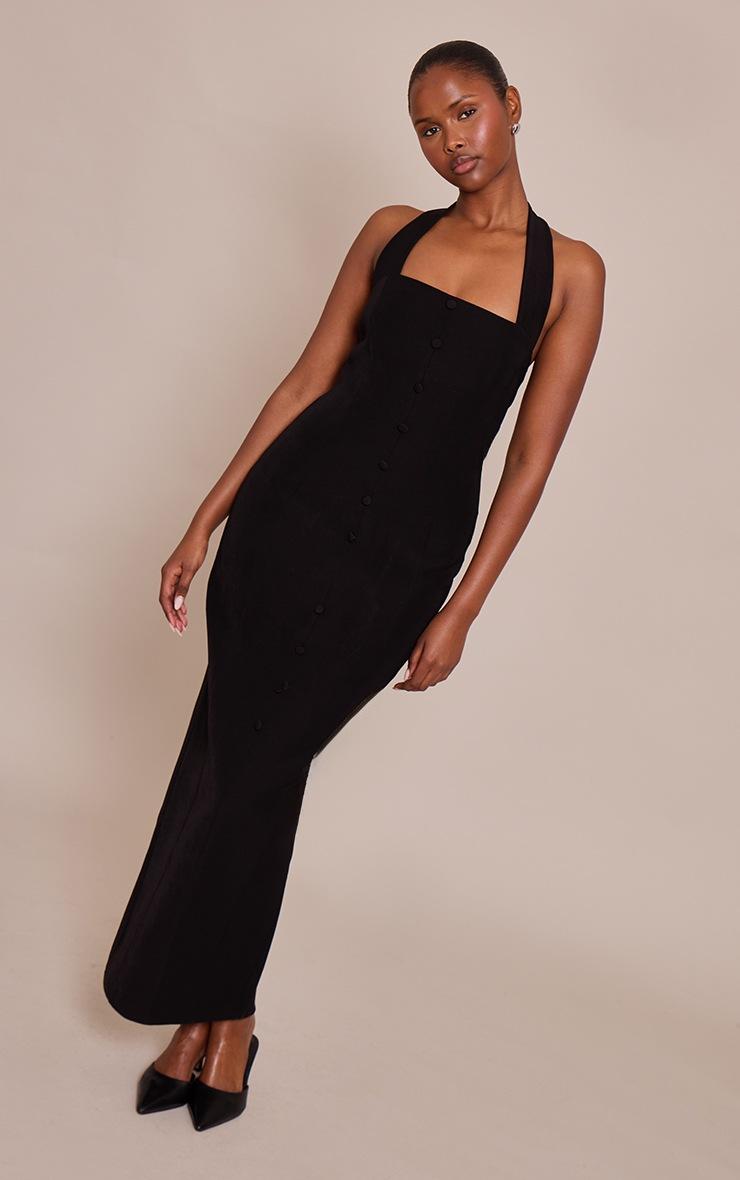 Pretty Little Thing Black Woven Halter Button Maxi Dress