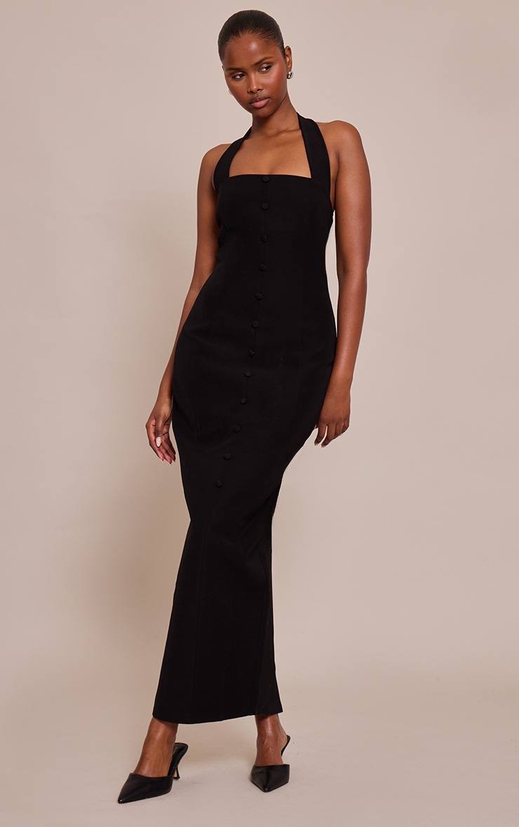 Pretty Little Thing Black Woven Halter Button Maxi Dress