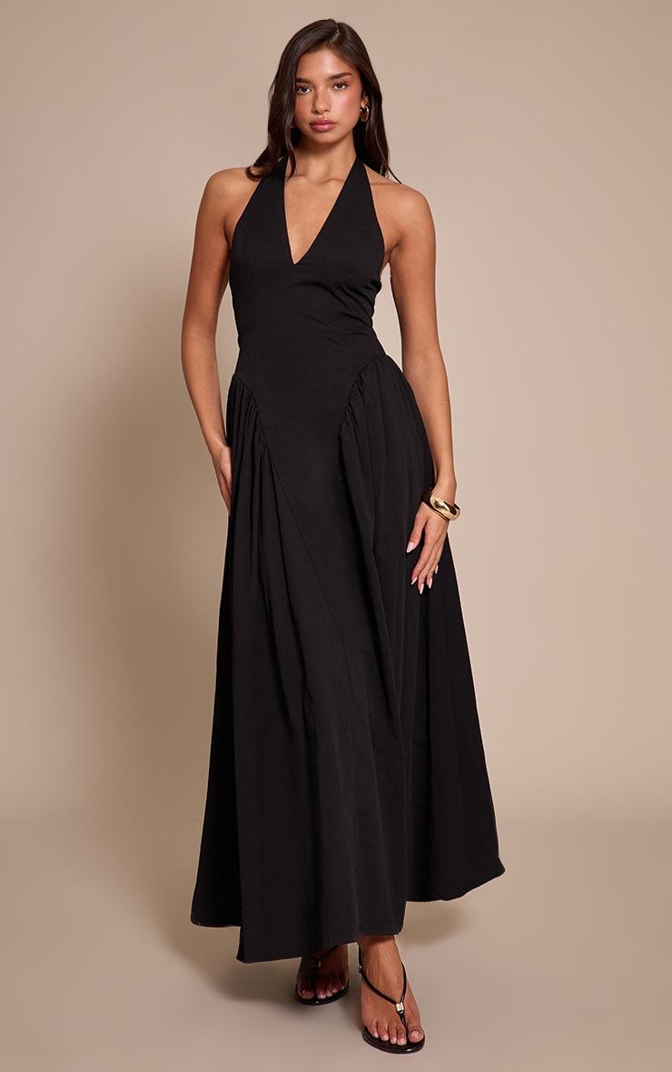Pretty Little Thing Black Woven Halterneck Plunge Midaxi Dress
