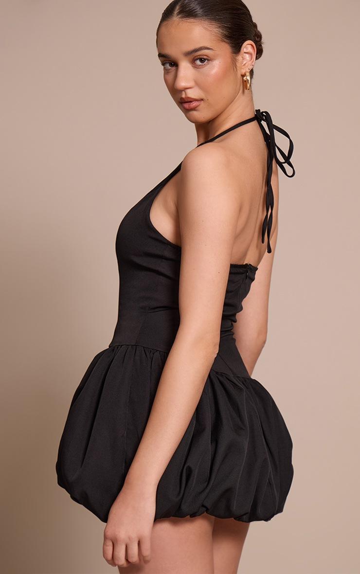 Pretty Little Thing Black Woven Halterneck Puff Ball Mini Dress