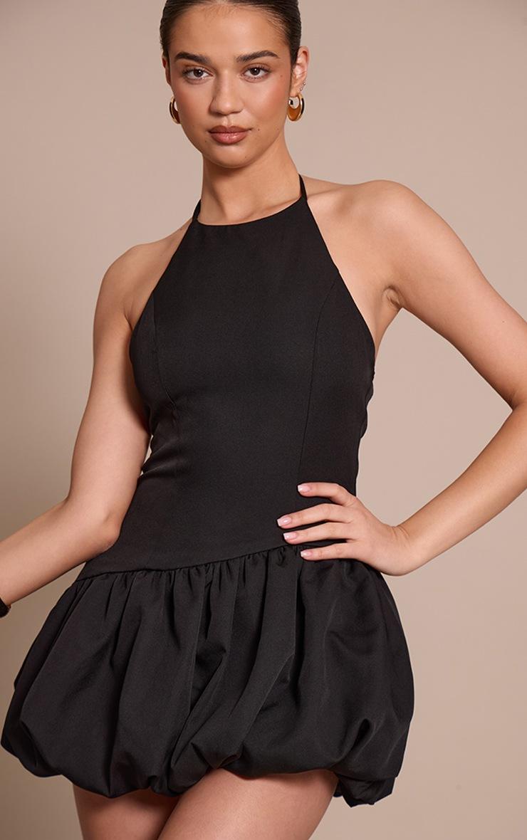 Pretty Little Thing Black Woven Halterneck Puff Ball Mini Dress