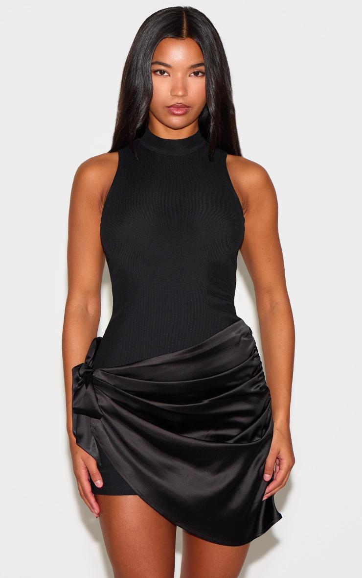 Pretty Little Thing Black Woven High Neck Satin Drape Mini Dress