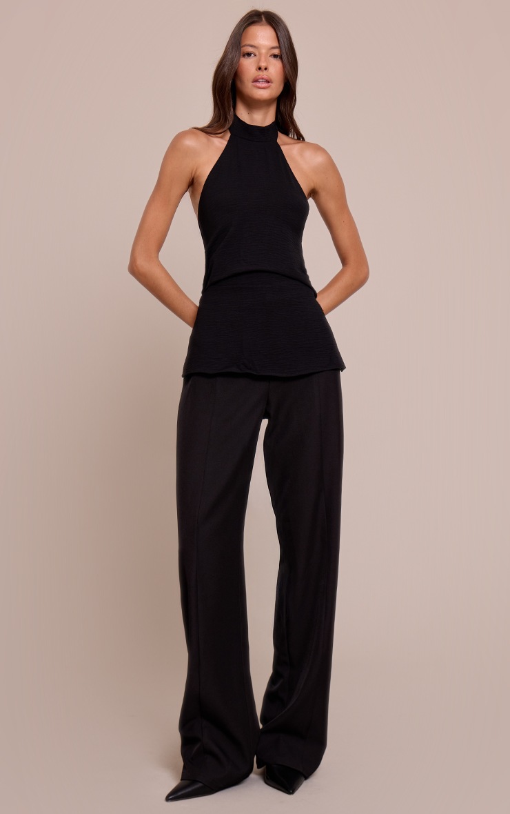 Pretty Little Thing Black Woven High Neck Tie Back Detail Long Top