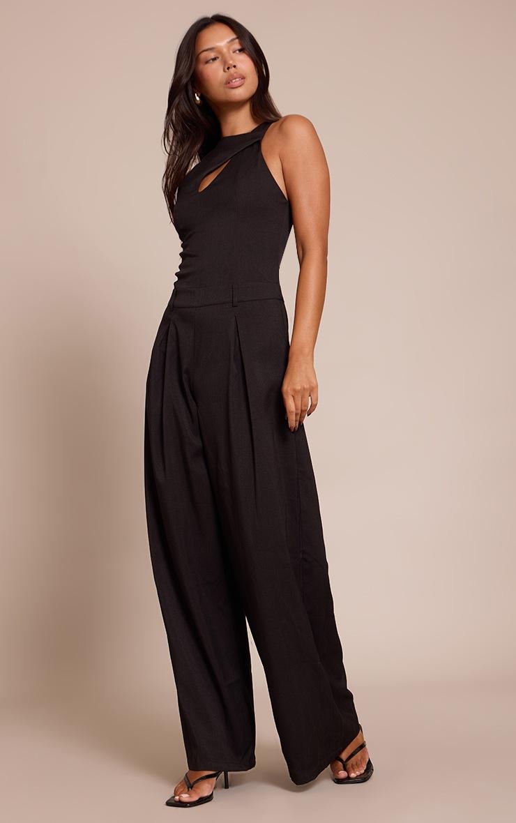 Pretty Little Thing Black Woven Key Hole Wide Leg Jumpsuit