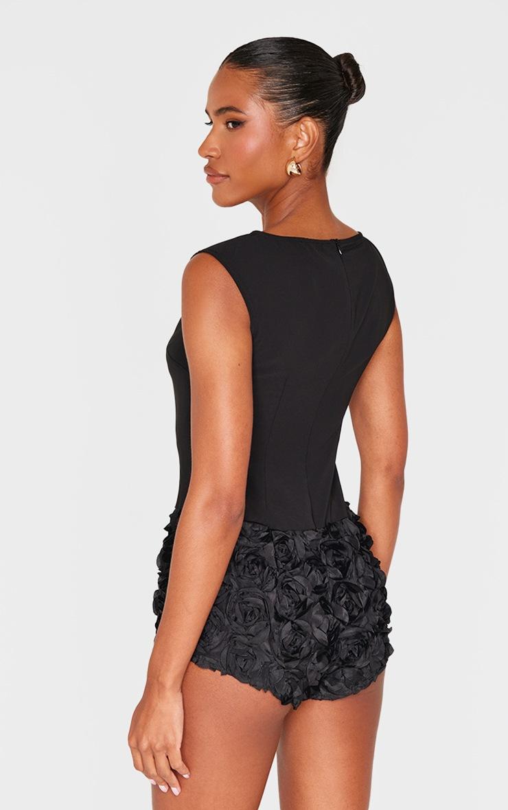Pretty Little Thing Black Woven Rose Applique Boat Neck Romper