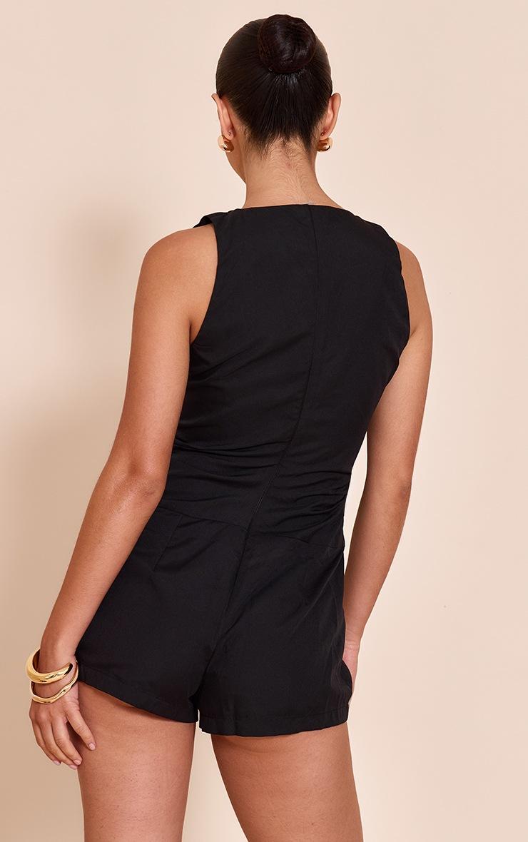 Pretty Little Thing Black Woven Ruched Bow Detail Romper