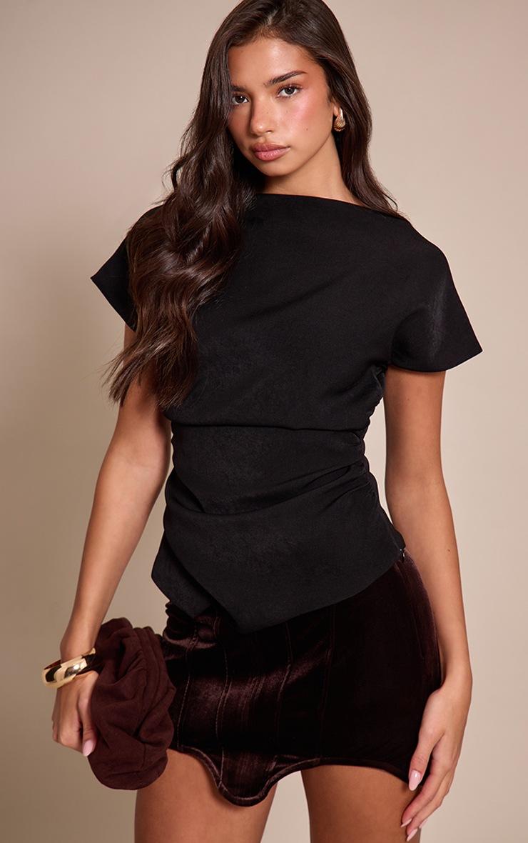 Pretty Little Thing Black Woven Ruched Cinched Waist Top