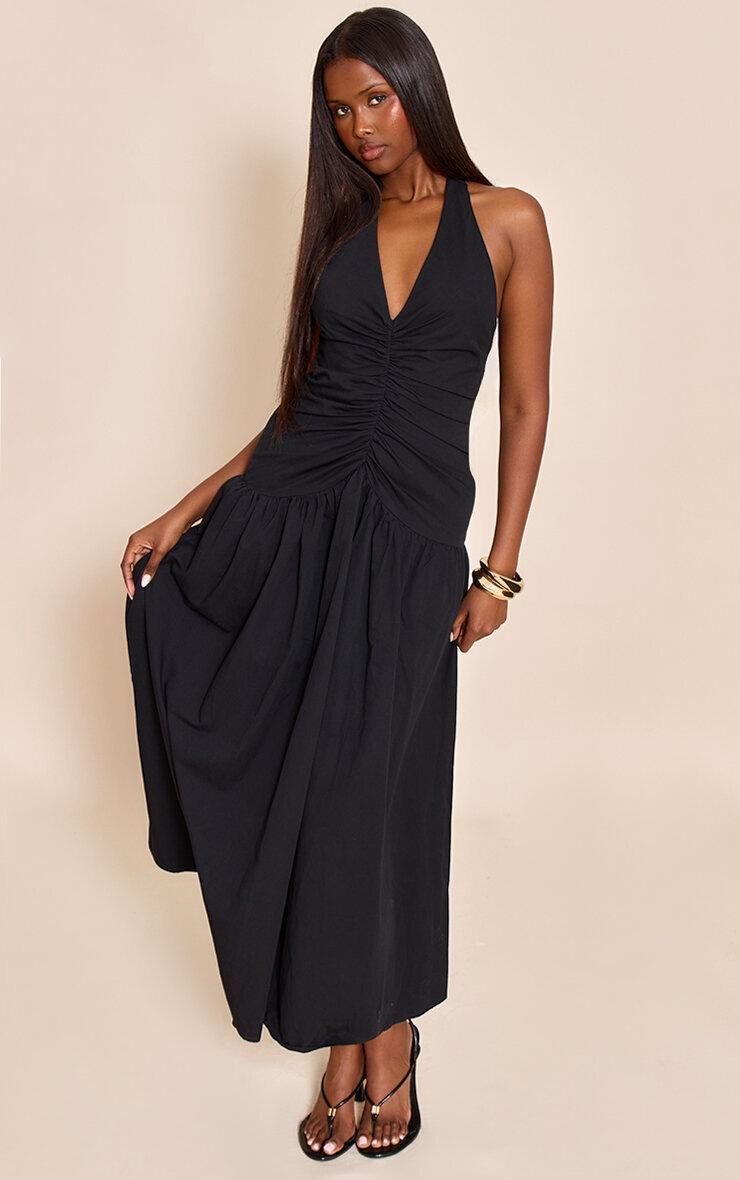Pretty Little Thing Black Woven Ruched Detail Maxi Dress