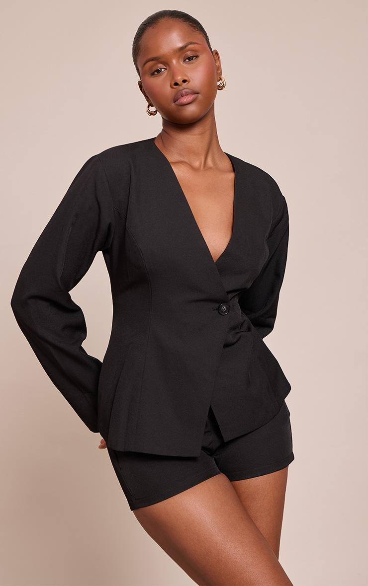 Pretty Little Thing Black Woven Tailored Button Romper