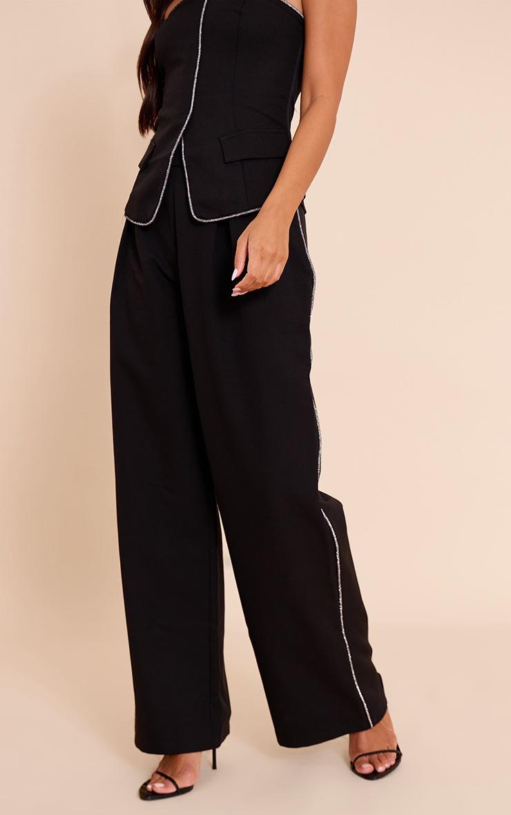 Pretty Little Thing Black Woven Tailored Diamante Trim Wide Leg Pleated Pants