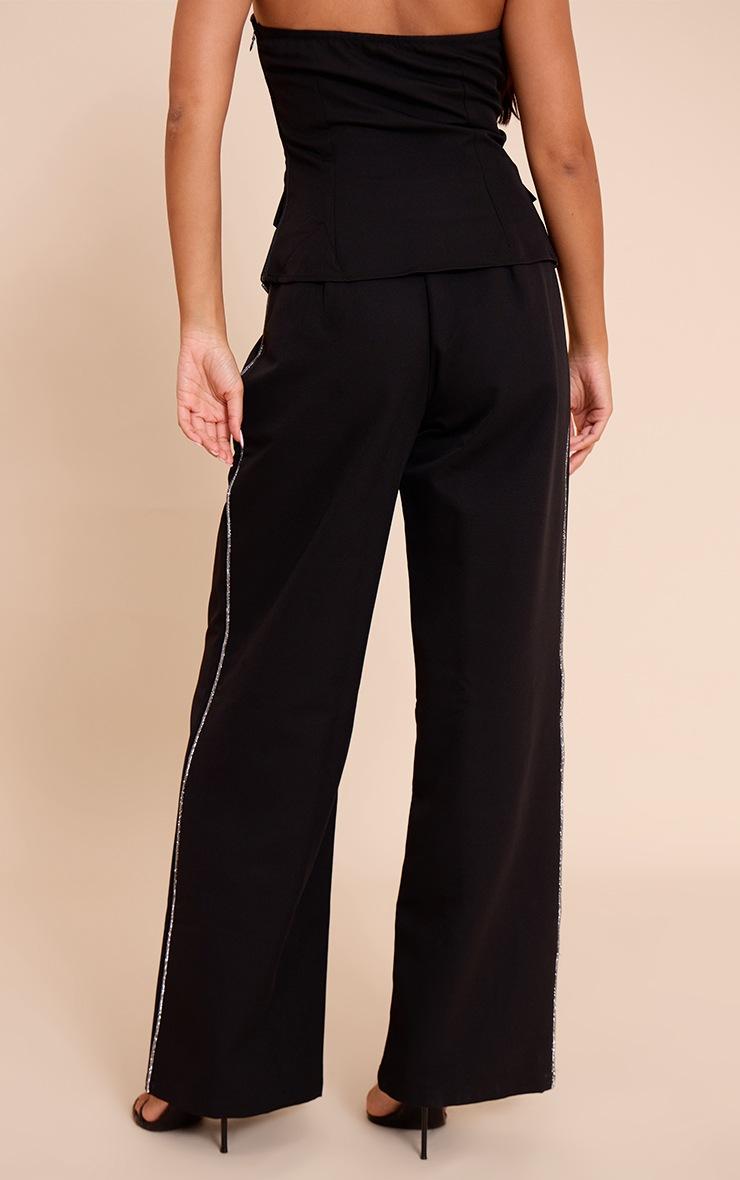 Pretty Little Thing Black Woven Tailored Diamante Trim Wide Leg Pleated Pants