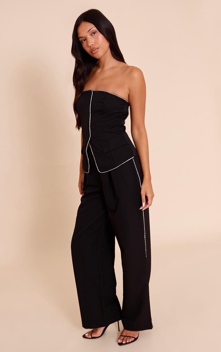 Pretty Little Thing Black Woven Tailored Diamante Trim Wide Leg Pleated Pants