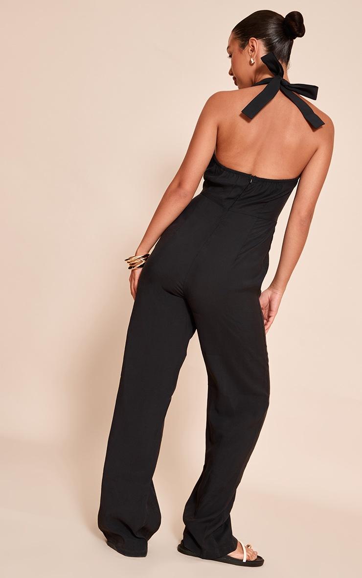 Pretty Little Thing Black Woven Textured Halterneck Jumpsuit