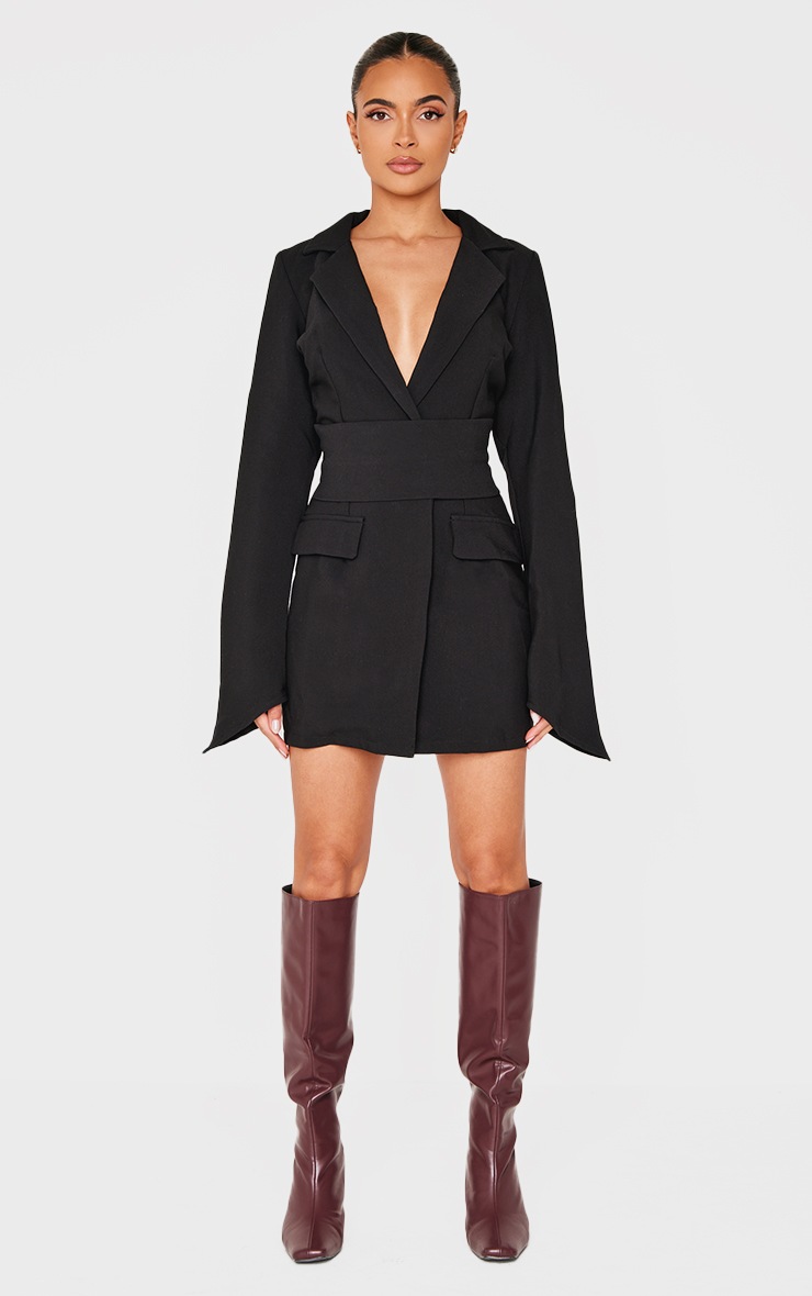Pretty Little Thing Black Woven Wrap Belted Blazer Dress