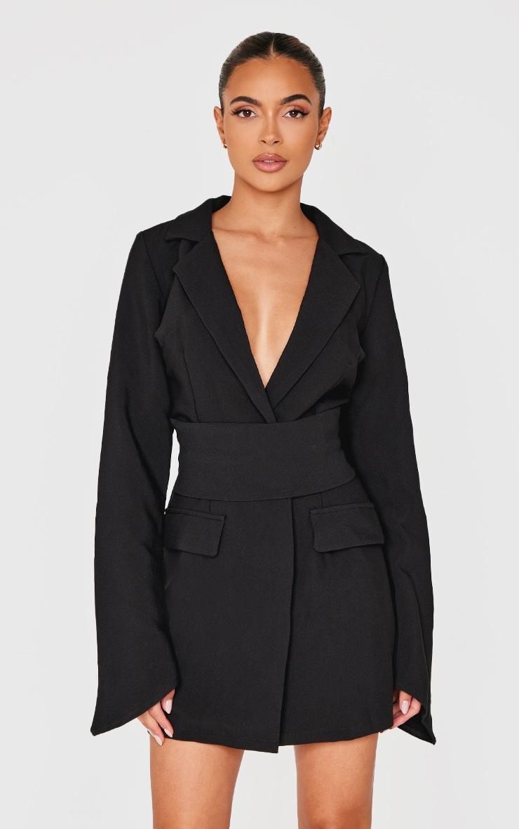 Pretty Little Thing Black Woven Wrap Belted Blazer Dress